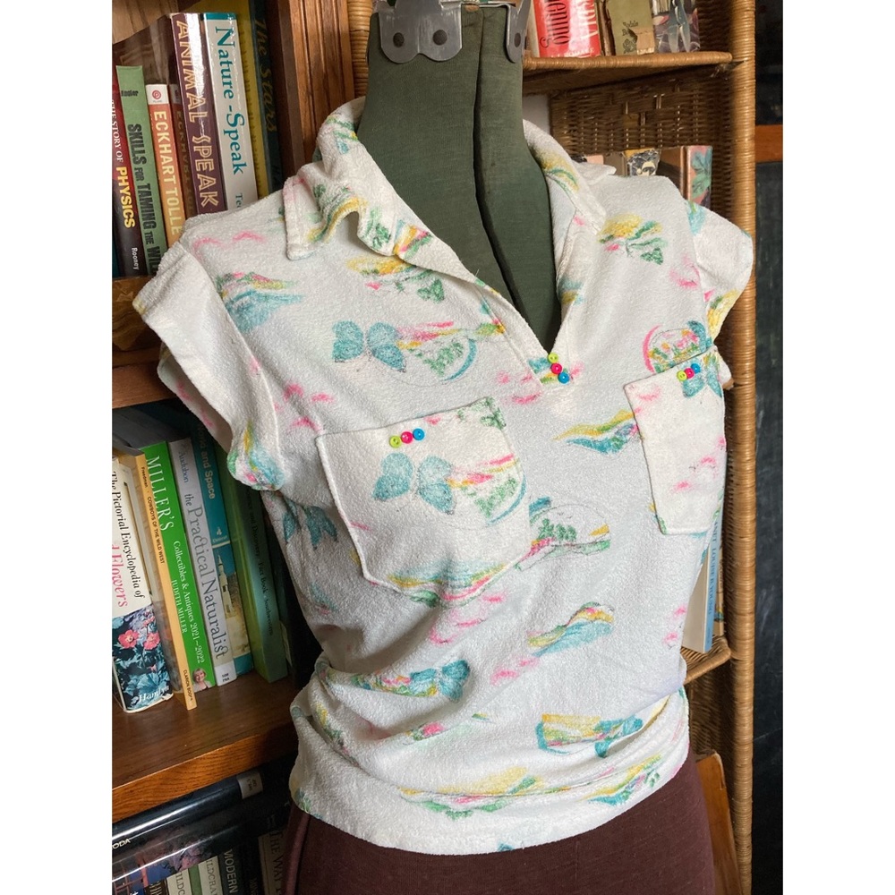 70’s 80’s butterflies + islands Terry Cloth collared shirt : vintage :fairy